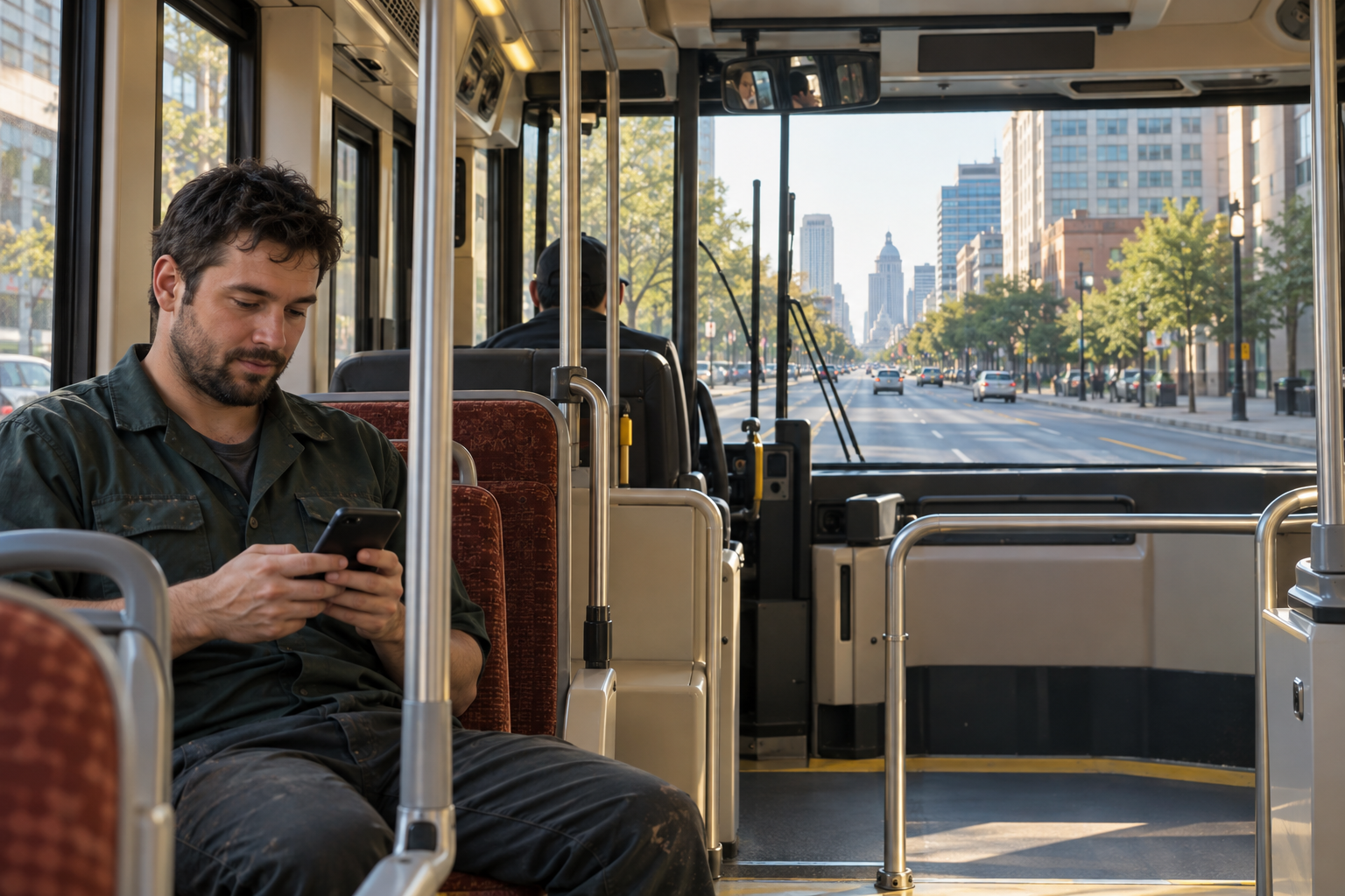 A mechanic using spare time on his bus commute to review an assignment