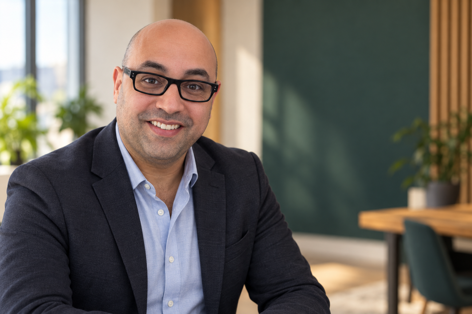 Mounir Shita, Chief Product Officer of 11 O’Clock Press, wearing a dark blazer in a modern office.