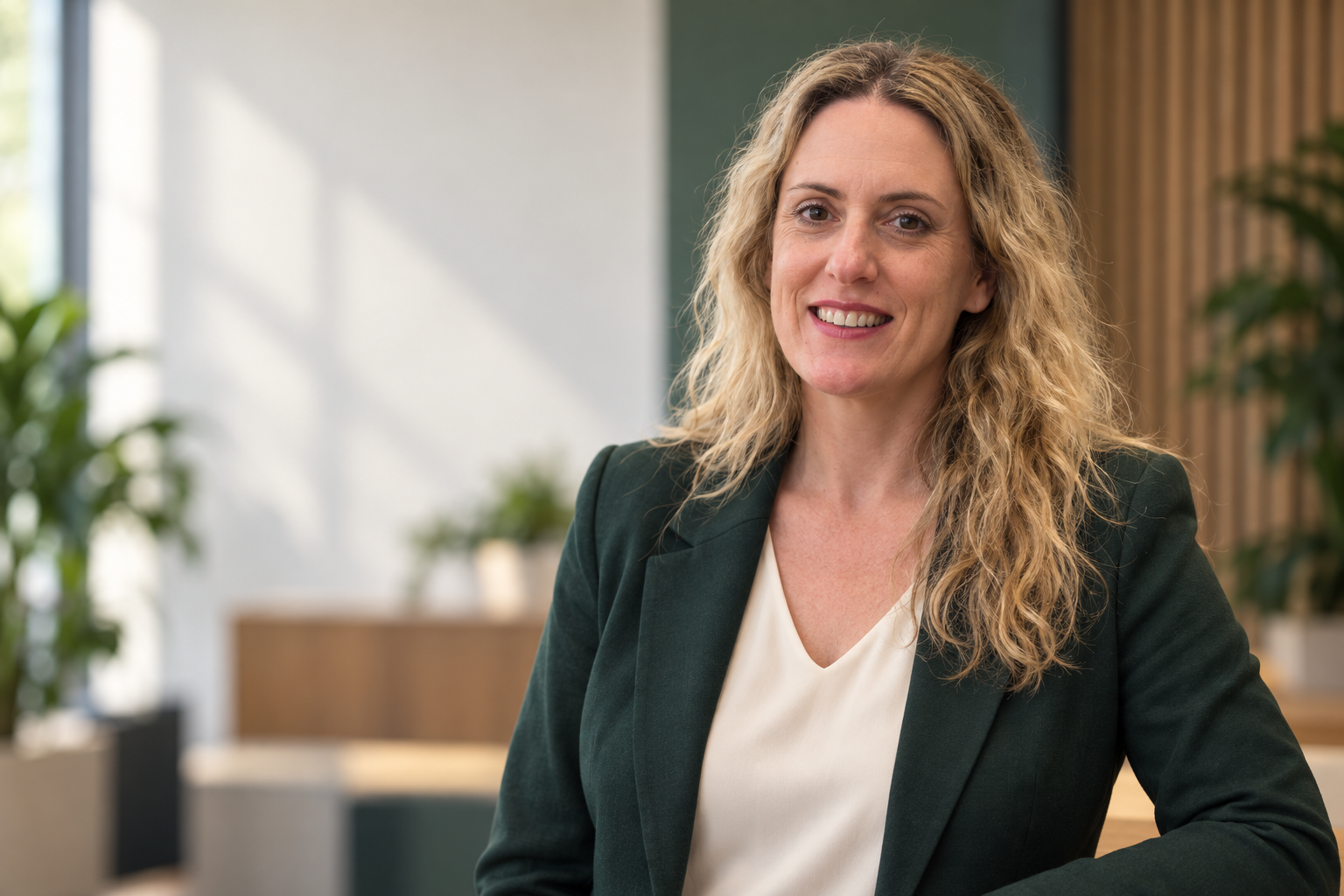 Shelley Downs, CEO of 11 O’Clock Press, wearing a forest-green blazer in a modern office.
