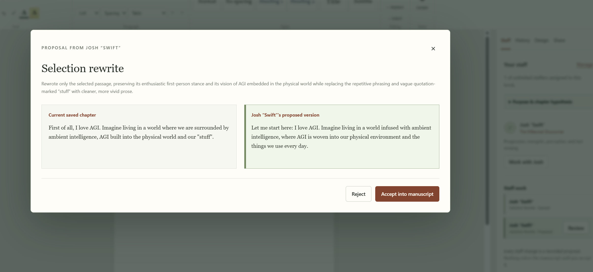 A staff proposal compared with the original passage, with an approval button