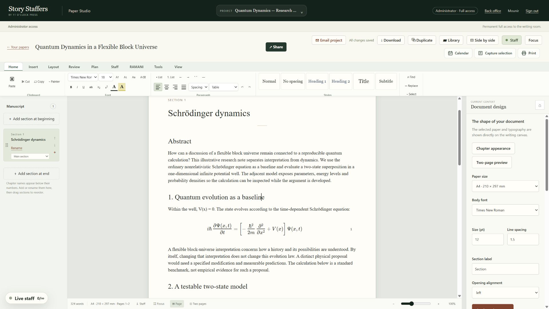 Actual Paper Studio showing Quantum Dynamics in a Flexible Block Universe and the Schrödinger equation.