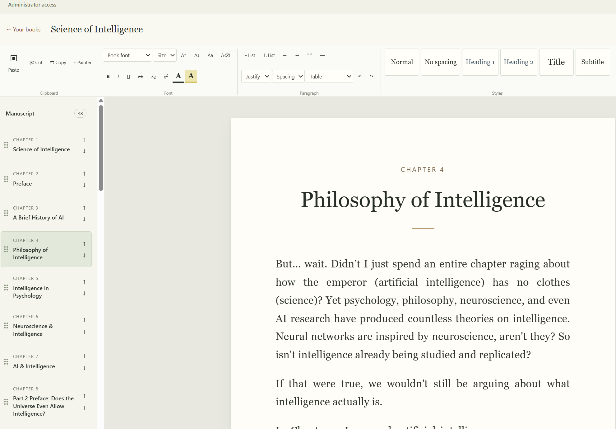 Book Studio with a familiar formatting toolbar, chapter navigator, and manuscript page